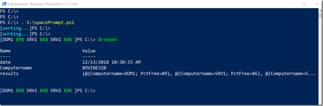 server free space PowerShell prompt