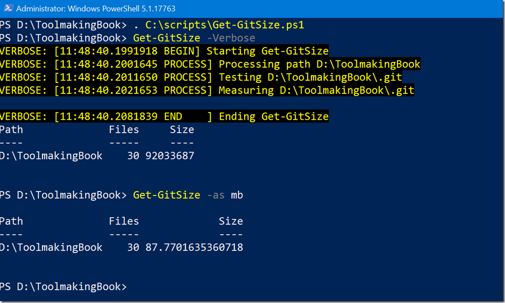 Getting git size with PowerShell