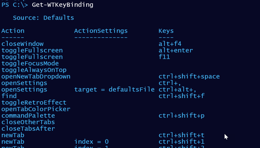 get windows terminal keybindings
